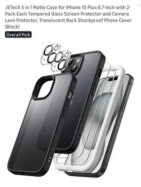 JETech 5 in 1 Matte Case for iPhone 15 Plus 6.7-Inch with 2-Pack Tempere